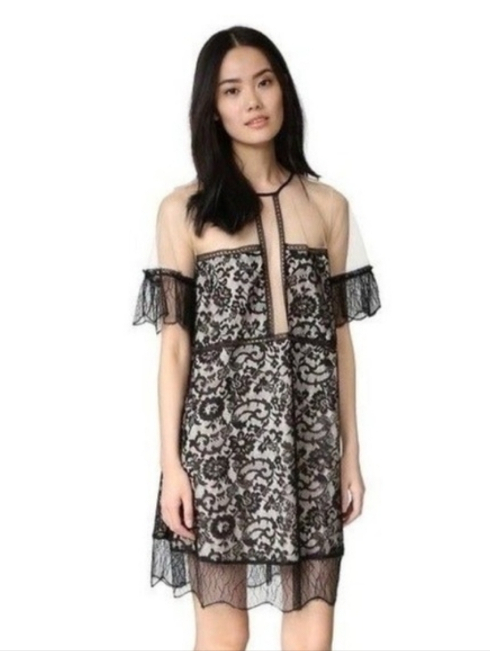 Kendall & Kylie Sheer Black Lace Overlay A-Line Dress Nude Lining ■ Sixe XS